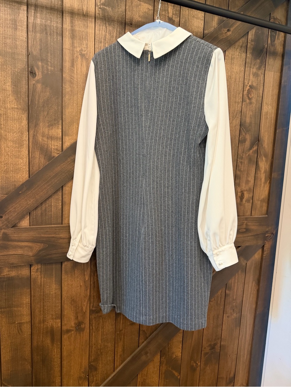 Karl Lagerfeld Gray Pinstriped Shift Dress with White Collar and Sleeves - Picture 2 of 4